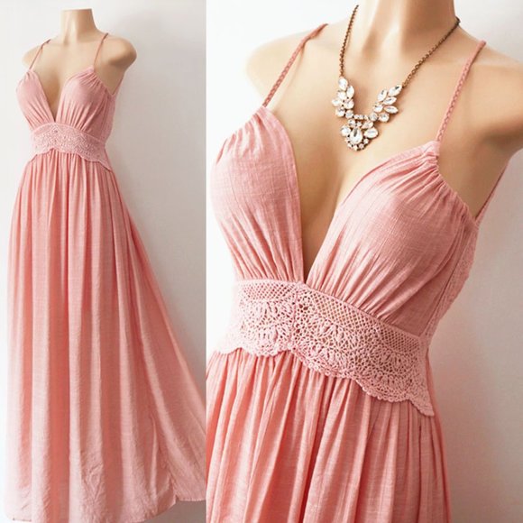 Pink Crochet Lace Open Back Halter Boho Maxi Dress - Picture 2 of 8
